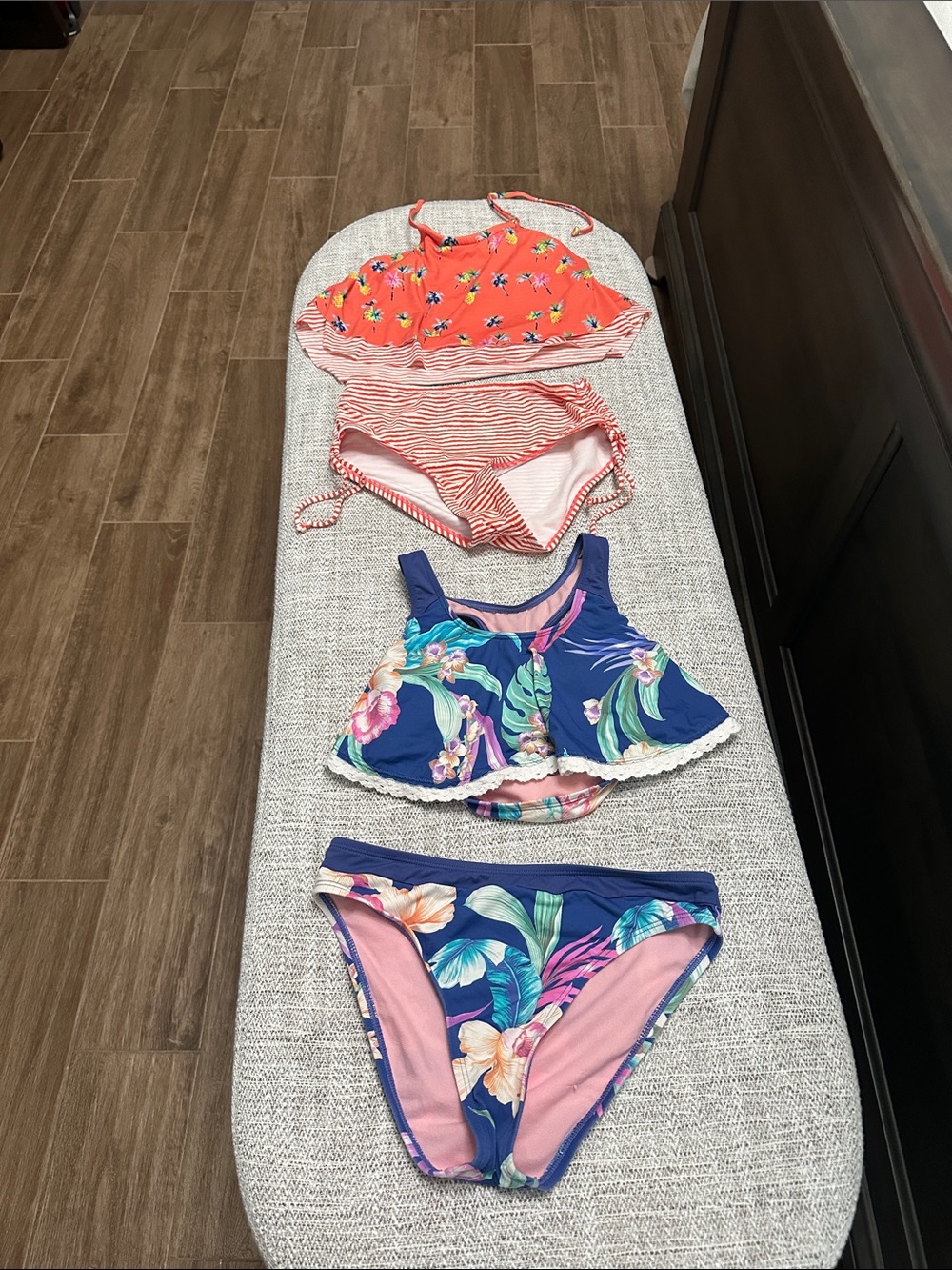 Hobie Girls Two-Piece Swim Sets in Coral Stripe and Navy Floral